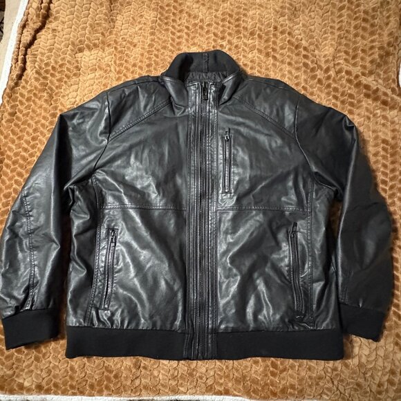 Calvin Klein Black Faux Leather Mens Bomber Jacket Zipper Pockets XL - Picture 2 of 10